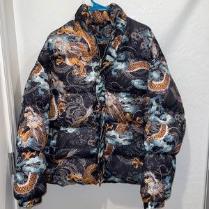 Vintage Mens Chinese Dragon print Drop shoulder puffer jacket Size M